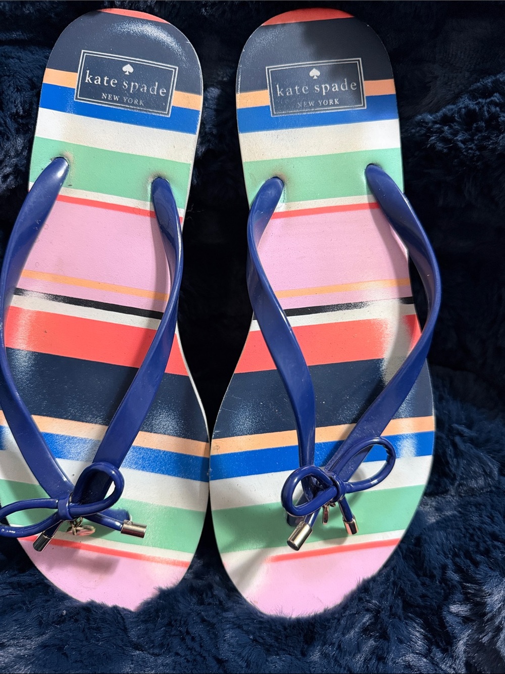 kate spade Multicolor Striped Bow Flip Flops with Navy Straps